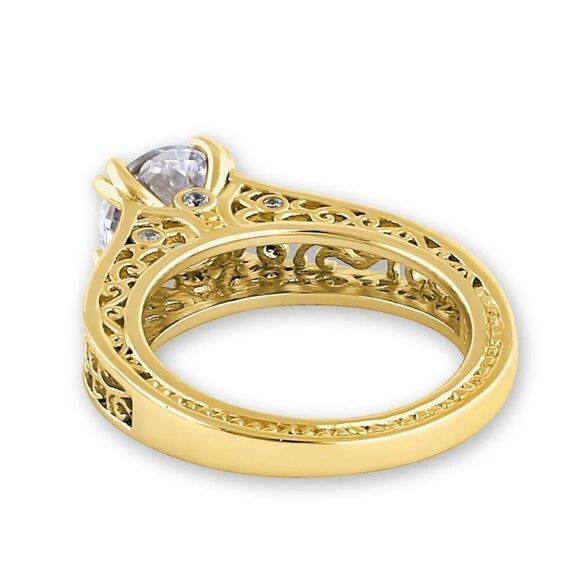 Gold Vermeil Vine Filigree Round Cut Clear CZ Solitaire Engagement Ring - Picture 4 of 6